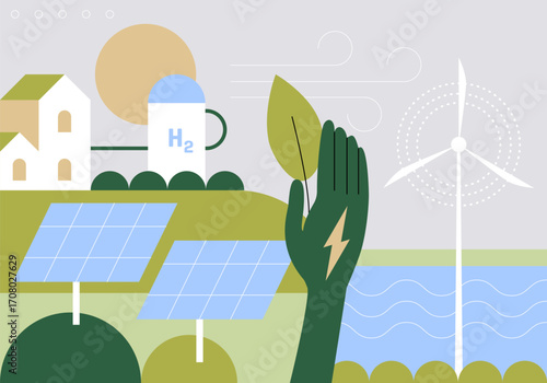 Green Energy. Sustainable energy generation with solar or wind sources. Solar Farms Vector Illustration Featuring Energy Storage Systems with Wind Power Turbine, Solar Panels, Green Alternative Energy