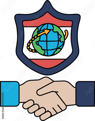 A handshake between two people is shown with a shield in the background