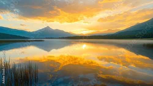 Wallpaper Mural Tranquil Sunrise Over Mountain Lake with Golden Reflections Torontodigital.ca