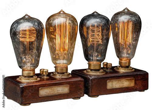Three vintage-style light bulbs, each with a unique aged glass shade, mounted on dark wooden bases