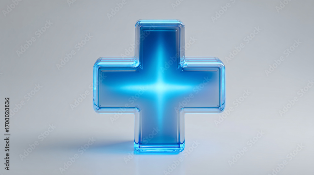 Obraz premium A close up of a blue glass plus sign with a bright light in the center