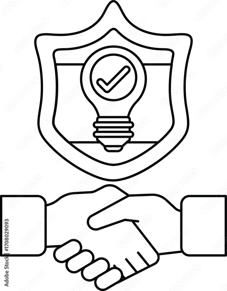 Fototapeta premium A shield with a light bulb on it and two hands shaking