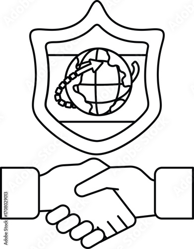 A handshake between two people is shown with a shield in the background