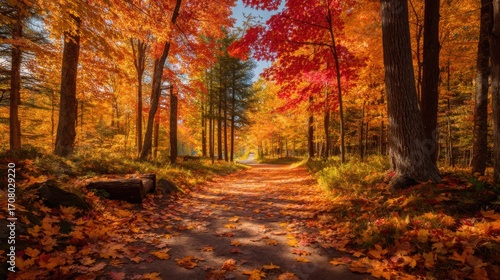 Dirt road winding through a forest with colorful fall leaves covering the ground and trees