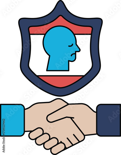 A man and a woman shake hands in front of a shield