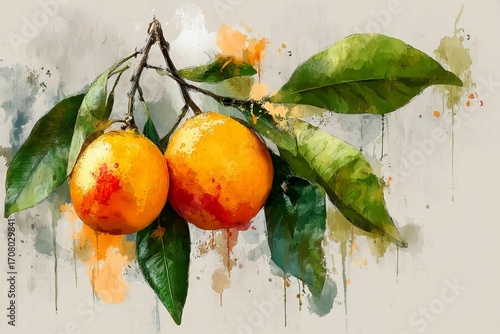 Vibrant Orange Fruits with Green Leaves in Watercolor Art Style