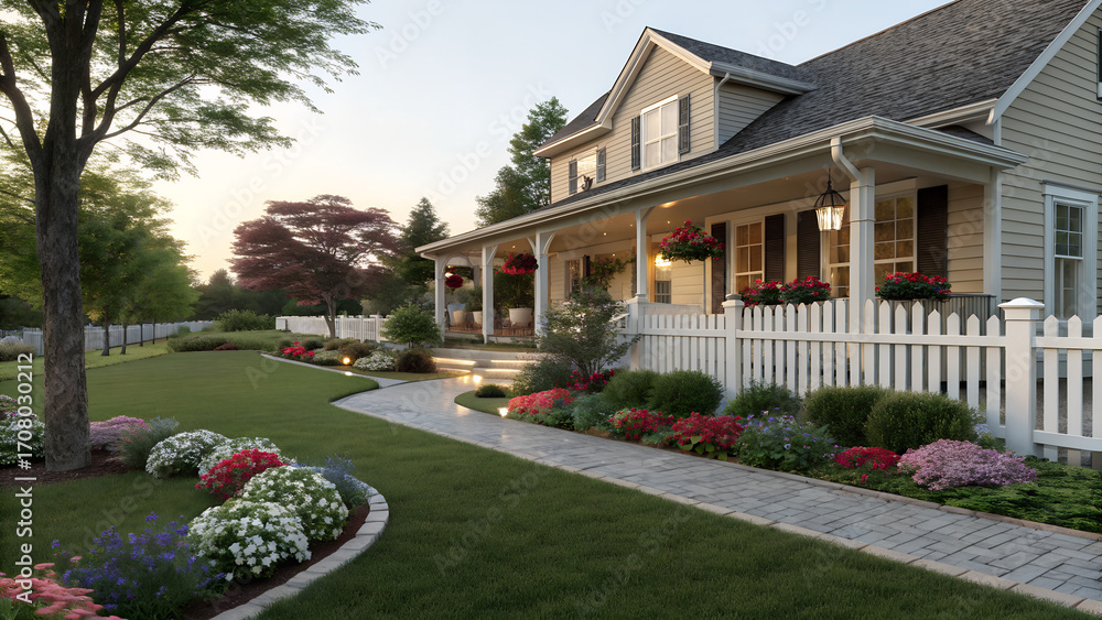 Obraz premium A winding stone path through a lush garden leading to a large house 