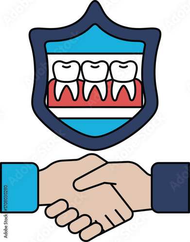 A white and black image of a handshake with a shield behind it