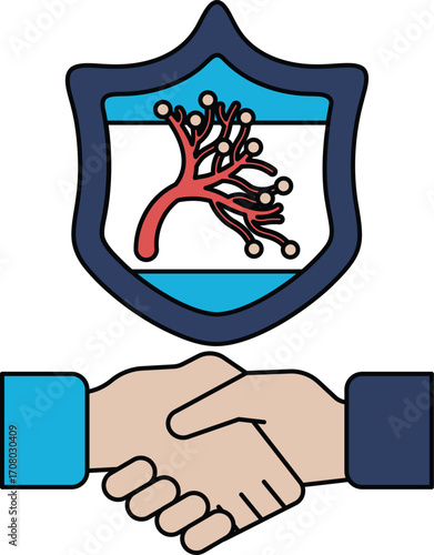 A black and white image of two hands shaking with a shield behind them