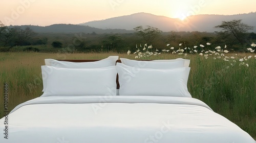 A serene bedroom setting features a neatly made bed with crisp white linens placed against a picturesque landscape of rolling hills at sunrise, suitable for wellness, travel
