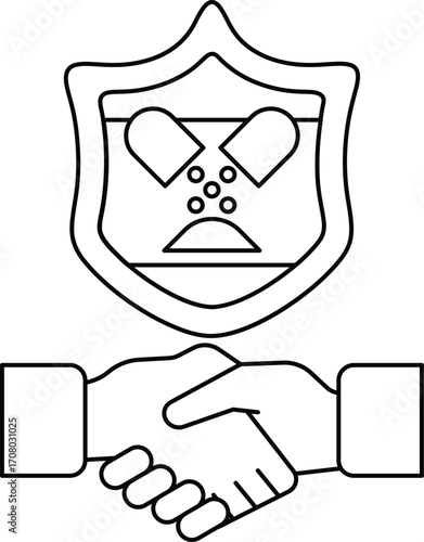 A black and white drawing of two hands shaking hands in front of a shield