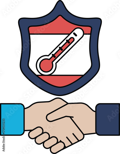 A black and white image of two hands shaking with a thermometer in the middle