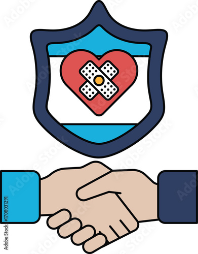 A black and white drawing of two hands shaking hands with a heart