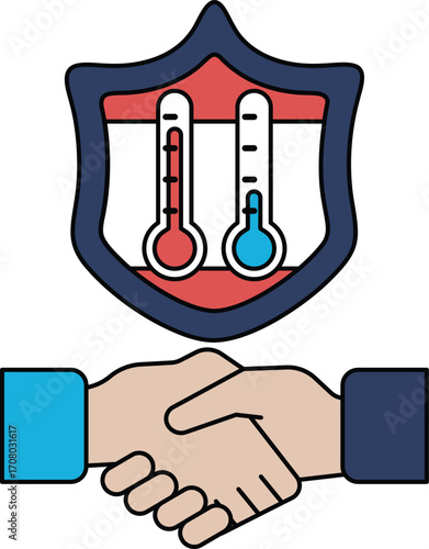 A black and white drawing of two hands shaking with a shield in the background
