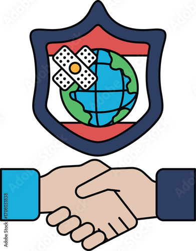 A black and white drawing of two hands shaking hands with a shield behind them