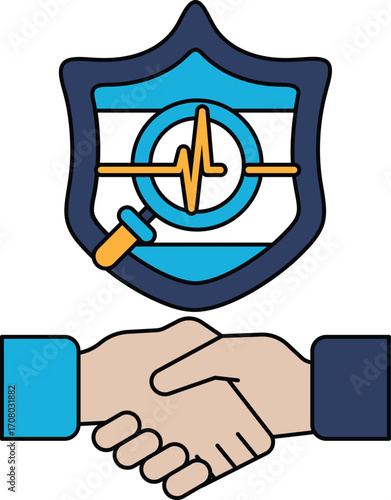A black and white drawing of two hands shaking hands with a shield behind them