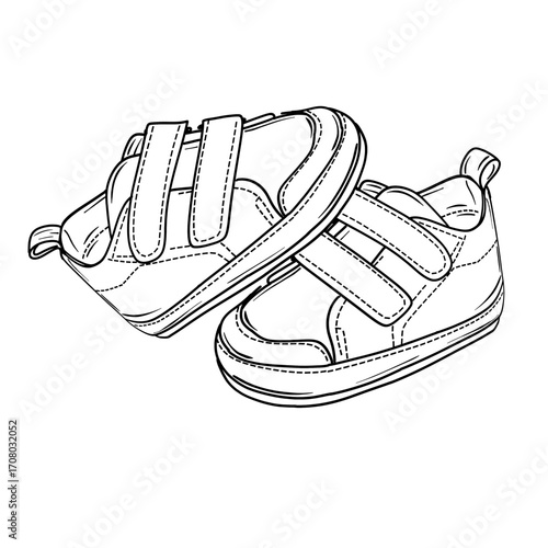 Detailed line art illustration of a pair of baby shoes featuring hook and loop fasteners, perfect for coloring books or educational materials.