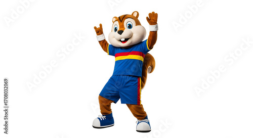 Cheerful Squirrel Mascot in Sports Uniform Posing with Peace Signs and Smiling on Transparent Background