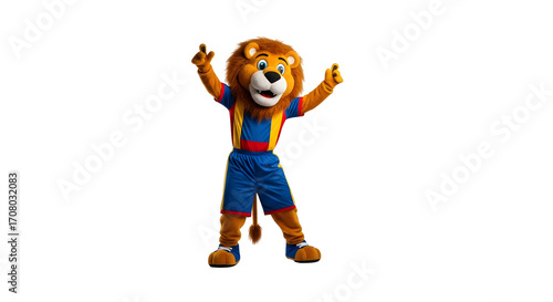 Cheerful lion mascot in vibrant soccer uniform with playful poses, perfect for sports