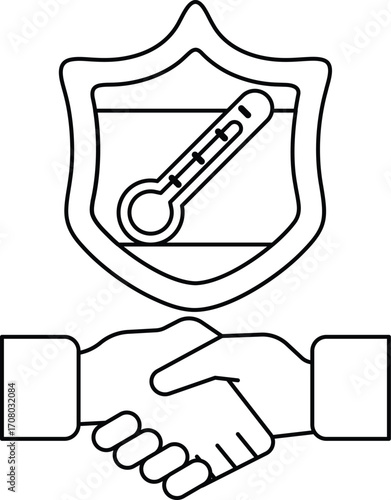 A black and white image of two hands shaking with a thermometer in the middle