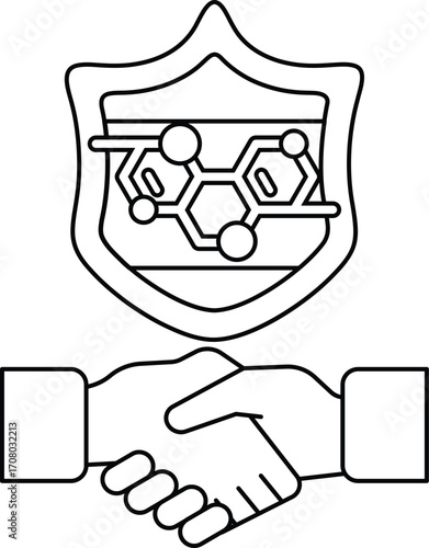 A black and white drawing of two hands shaking hands with a shield behind them