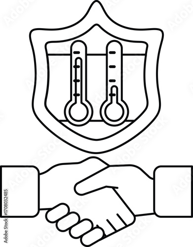 A black and white drawing of two hands shaking with a shield in the background