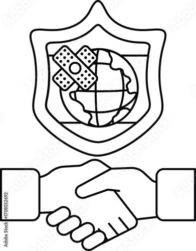 A black and white drawing of two hands shaking hands with a shield behind them