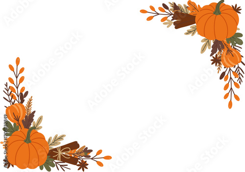 Autumn decorative border with pumpkins and seasonal leaves on white  