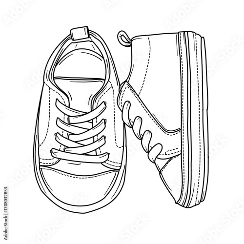 A simple black and white line drawing of two baby sneakers, one facing forward and the other from the side.