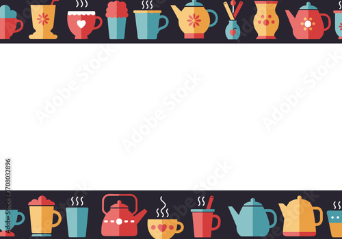 Clean vector background on white with decorative border of teapots and cups  