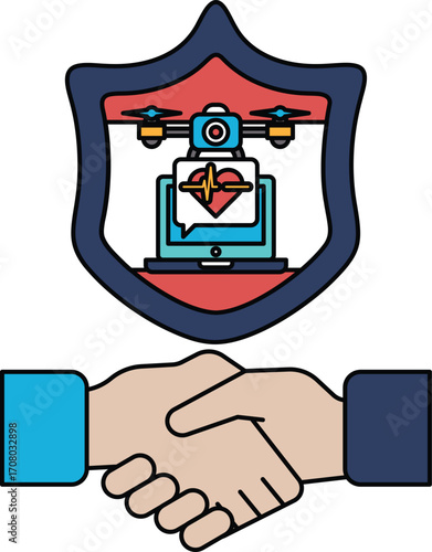 A white and black image of two hands shaking with a shield behind them