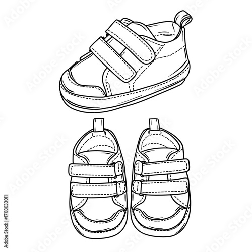 Pair of baby shoes, featuring adjustable straps and a simple design. Suitable for infants and toddlers. The shoes are depicted in a line drawing style.