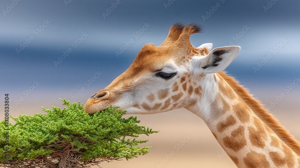 Obraz premium A close-up of a giraffe grazing on green foliage against a blurred background, capturing the animal's gentle nature and unique features, Ideal for educational, wildlife, and nature-themed projects,