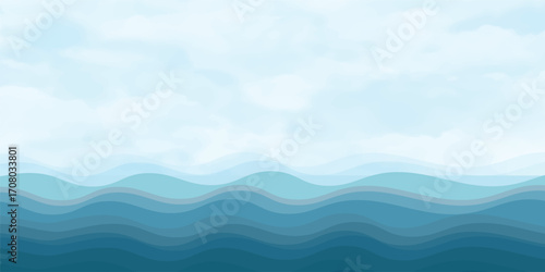 Abstract illustration of a peaceful seascape with a tranquil blue sky and clouds, where the summer sun creates a beautiful light on the calm ocean waves