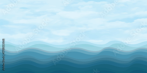 A stunning seascape where the deep blue sky with fluffy clouds meets the endless ocean on the horizon, creating a beautiful reflection of light and nature's beauty