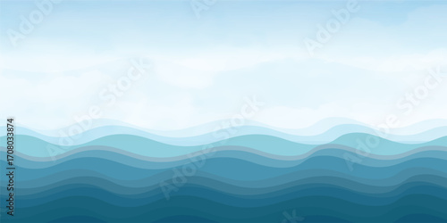 An abstract blue seascape with swirling waves and a hint of the sun on the horizon