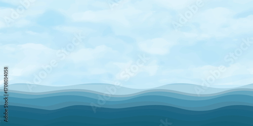 A serene landscape where blue sky and clouds meet the sea, with a mountain range on the horizon at sunrise