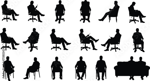 Businessman silhouette sitting in chair, office and casual poses, perfect for corporate design, business presentations, workplace scenes, and professional illustrations
