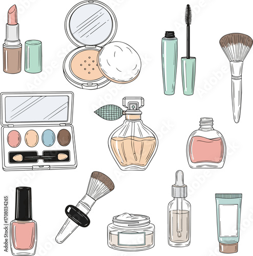 Create a kinds of deferent Hand-drawn stylish cosmetics illustration set vector art with white background.