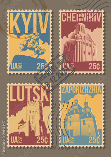 Ukraine Main Attractions Postage Stamps. Kyiv, Chernihiv, Lutsk, Zaporizhzhia Monuments, Church, Castle, Sich. Vintage Colors