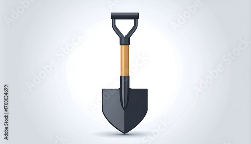 A simplistic, vector illustration of a shovel with a grey blade, a wooden handle and a black handle grip, on a gradient background