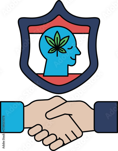 A man and a woman shaking hands with a shield behind them