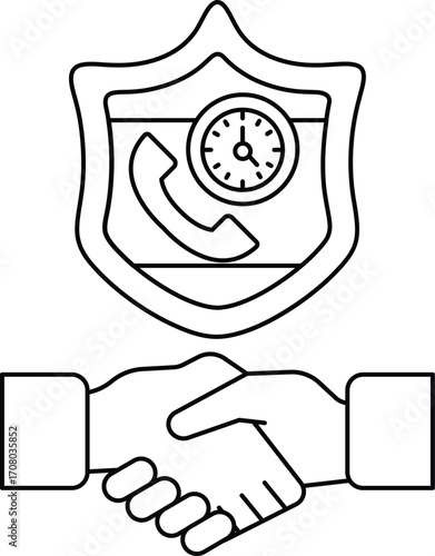 A black and white image of two hands shaking with a clock in the background