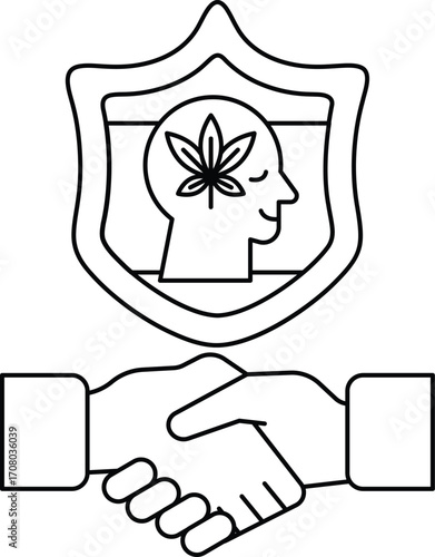 A man and a woman shaking hands with a shield behind them