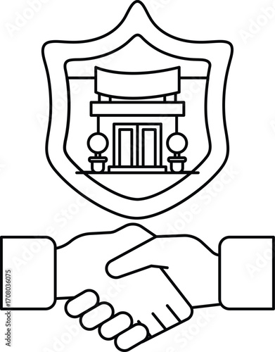 A black and white image of two hands shaking with a shield behind them