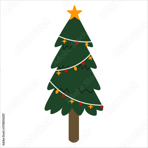 Flat style illustration of a tall Christmas tree with garlands, colorful ornaments, star topper, and dark green branches, perfect for festive projects, holiday cards, and seasonal decorations