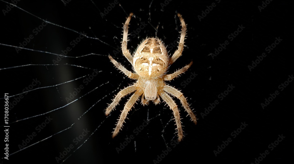 Obraz premium A close-up image of a spider resting on its web against a dark background, showcasing intricate details of its body and legs, This photo can be used for educational materials, nature blogs