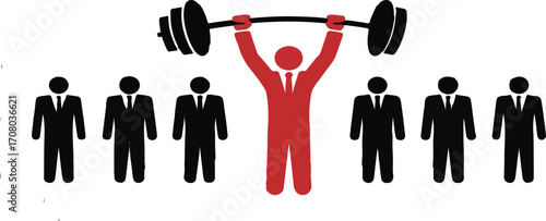 Red figure lifting weight among black suit figures