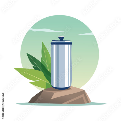 Eco-friendly stainless steel travel mug or tumbler for outdoor activities, set against a natural landscape. Vector svg illustration