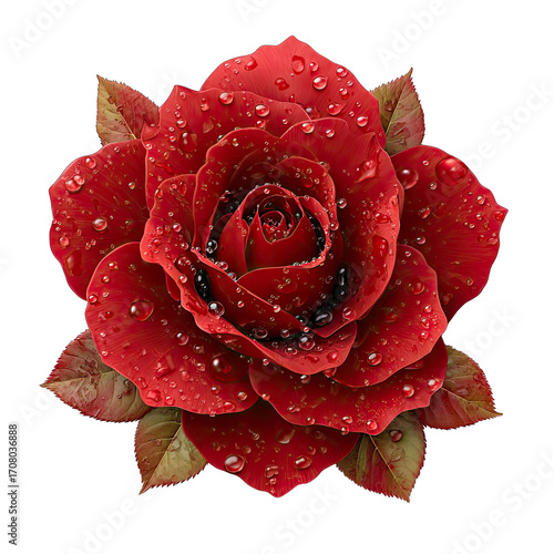 Red rose, water droplets, detailed